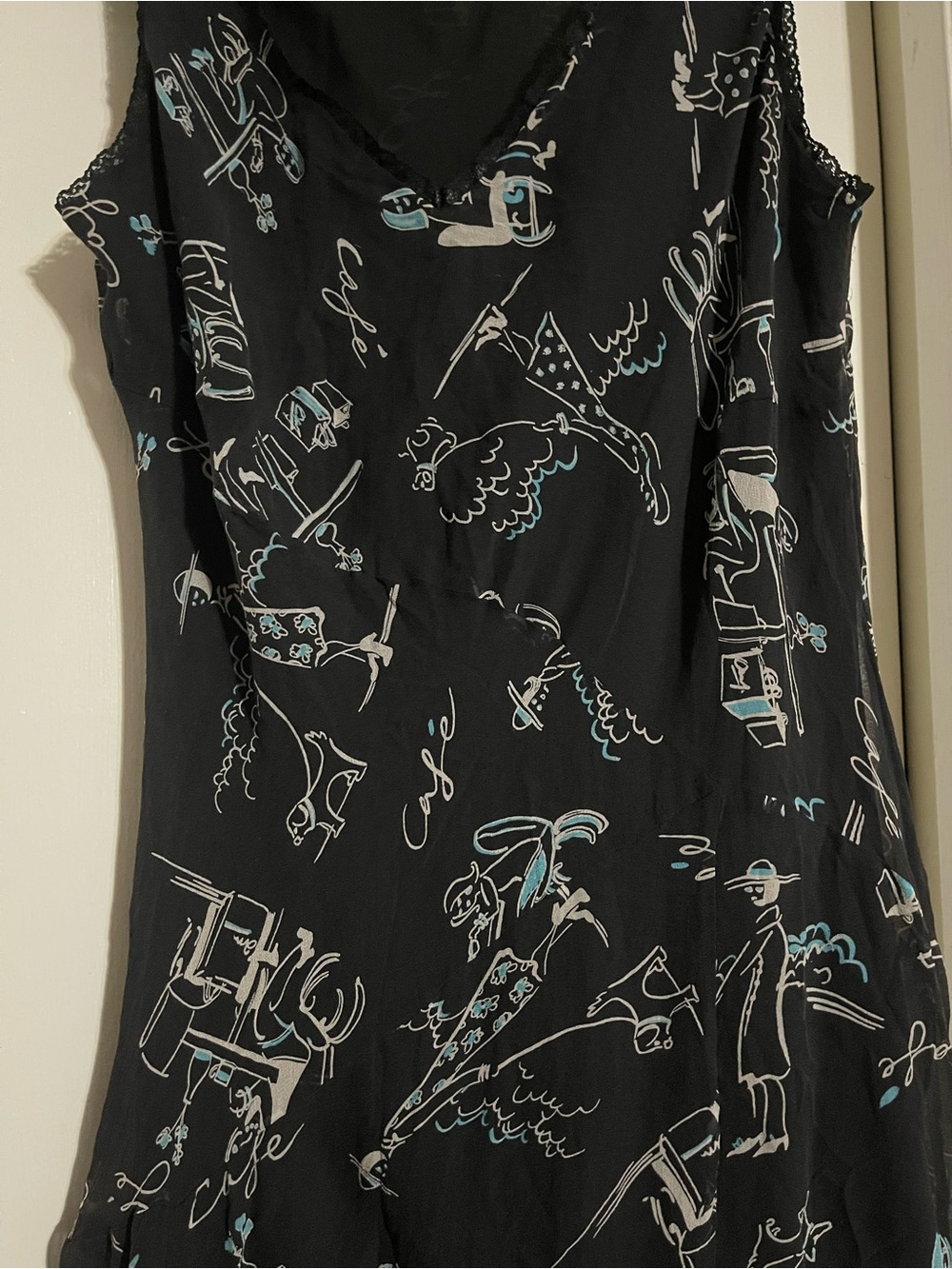 Vintage ICE Brand Silk Dress Size 14 Cafe Theme Print